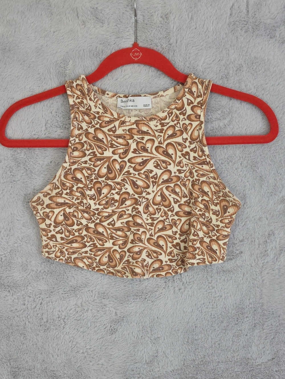 Bershka Brown Cream Paisley Crop Tank Top Ribbed Sleeveless Women's Medium - Picture 1 of 5